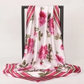 Satin floral silk scarf with pink roses and green leaves on white background - White Pink Rose