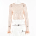 Roze mesh crop top met lange mouwen en veren aan de manchetten op transparante etalagepop - S / Roze