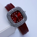 Women's square quartz watch with red leather strap and sparkling rhinestone bezel - Red Silver Case