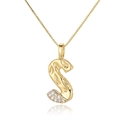 Detail shot of a golden letter S pendant with sparkling zircon stones and box chain - S