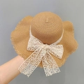 Khaki straw sun hat with white lace bow and scalloped wavy brim for summer beach vacation - Coffee Lace Bow Style