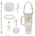 Detail of cute accessory set with straw cover and mini bag on a Stanley tumbler - 7-Piece Set 18-White Diamond Cap