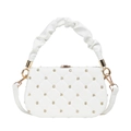 White sequin evening handbag with pleated handle and golden floral accents in PU leather - White