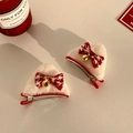 Furry white plush hair clips with red checkered bows and golden bells for festive style - Cat Ear Plush Bow Hair Clips Pair