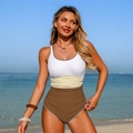 Costume intero tricolore a contrasto con bordi smerlati e design a pieghe addominali - S / Marrone