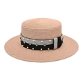 Close-up of pink straw boater hat with decorative pearl and rhinestone band details - Light Pink