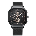 Men's black square watch with mesh strap, hollow skeleton dial and rose gold accents - 628 Black Case Gold Marker Mesh Band (Functional Chronograph)