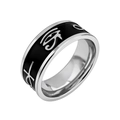 Detailed view of Horus and Ankh symbols on a vintage titanium steel signet ring with black enamel - Egyptian Ankh/Size 7
