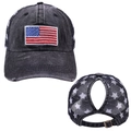 Detail of high ponytail hole on washed denim American flag mesh back baseball cap - Ponytail Hole Design / Black - American Flag