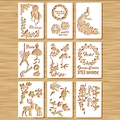 DIY plastic stencil set featuring peacock, flower, and dreamcatcher motifs on wood background - A4 Scene Ruler (9 Sheets)
