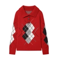 Pull polo en maille rouge avec motif à losanges classique et col boutonné - S / Rouge