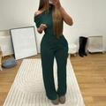 Elegant dark green one-shoulder jumpsuit with slim fit and wide-leg trousers design - S / Green