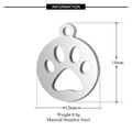 Stainless steel pet paw pendant specification diagram showing 12mm x 14mm dimensions - Paw Print Round