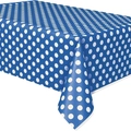 Blue rectangular party tablecloth featuring a classic white polka dot pattern design - Dark Blue Polka Dot