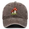 Close-up of mushroom embroidery on a vintage washed cotton baseball cap in dark brown - Adjustable / Coffee