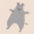 Detail of gray muslin baby comforter with bear face embroidery and knotted corners - Dark Grey Embroidered