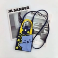 Close-up of blue knitted crossbody bag with cartoon bear pattern and silver button - Blue Bear