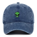 Retro washed denim baseball cap featuring a green embroidered alien head design - Navy Blue