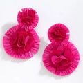Vibrant rose red raffia flower drop earrings with layered floral design on white background - Rose Red