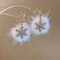 Detail view of snowflake earrings with sparkling rhinestones and white fur balls - 15# Gold Silver Post