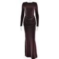 Close-up of ruched waist detail on a brown bodycon long sleeve dress with fishtail hem - S / Coffee