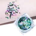 Multicolor holographic glitter gel with stars and hearts in a clear square pot - Malachite green