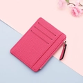 Slim rose red leather card holder with three slots and a secure silver zipper pocket - Magenta
