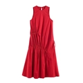 Elegante abito midi rosso senza maniche con coulisse laterale e dettagli arricciati su bianco - XS / Rosso