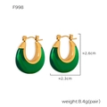 Detail showing green resin U-shaped earrings with gold trim and size measurements - F998 Green Resin Gold Hoop