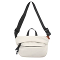 Minimalist cream white crossbody bag with black adjustable strap and orange brand label - White