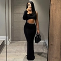 Detail of waist cutout with white pearl trim on a black asymmetric one-shoulder dress - S / Black