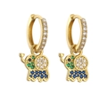 Macro view of gold hoop earrings with vibrant multi-color crystal elephant charms - Gold Multicolor Zircon Elephant