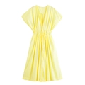 Gelbes Kurzarm-Midikleid mit V-Ausschnitt, Kordelzug an der Taille und Falten-Design - XS / Oberteil Und Unterteil / Gelb