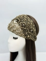 Detail of golden lace headband with hand-stitched pearls and sparkling crystals - Khaki