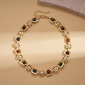 Detailed view of vintage gold necklace with multi-colored beads and faux pearls - 66# Necklace Stone Pearl Round Beads Geometric Hollow