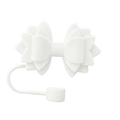 Close-up of a white silicone bow straw topper with a secure anti-lost strap for tumblers - White