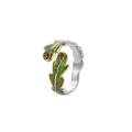 Detailed macro view of an adjustable chameleon ring with green enamel and red crystal eyes - Lizard Design (J386-4) / Silver + Colorful Enamel