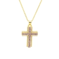Macro shot of gold cross pendant featuring purple and white zircon gemstone pavé detail - Purple (DN240556-P)