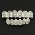 Silver hip hop teeth grillz set with sparkling CZ stones for upper and lower teeth - Full Iced Out Set / Top 12 Rhinestones Bottom 8 Rhinestones Silver Set