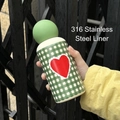 Portable 350ml 316 stainless steel vacuum flask with green checkerboard heart pattern - 350ml / Light Green Spherical Lid / Green White Plaid Heart