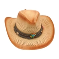 Western straw cowboy hat in tan with ethnic turquoise beads and feather trim detail - Off-white 3 (Ethnic Style)
