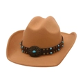 Detail of camel wool cowboy hat with turquoise beads and sunflower metal buckle - One Size / Camel (Sunflower Leather Band)