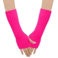 Knitted rose pink fingerless arm warmers with thumb holes and ribbed texture - One Size / Fluorescent Rose Red