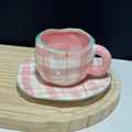 Pink and white checkered ceramic cup and saucer set with light blue trim and wavy edges - 250ML / Pink Plaid