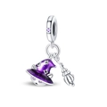 Silver bead with purple enamel witch hat and broom charm featuring cat details - Witch Cat Broom Style (5)