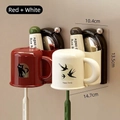 Wall-mounted suction cup toothbrush holder with red and white cups featuring cute cat art - Couple Set (Creamy White/Retro Red)