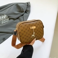 Brown monogram small square crossbody bag with gold deer charm and fabric strap - Brown