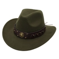 Close-up of olive green felt cowboy hat with brown leather strap and vintage gold emblem - Army Green