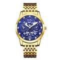 Detail of gold stainless steel watch with blue hollow dial showing gear structure - 9-Bead Gold Strap Skeleton Blue Dial