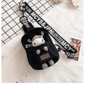 Black canvas crossbody bag with a cute 3D cow plush toy and branded letter print strap - Black with Little Calf